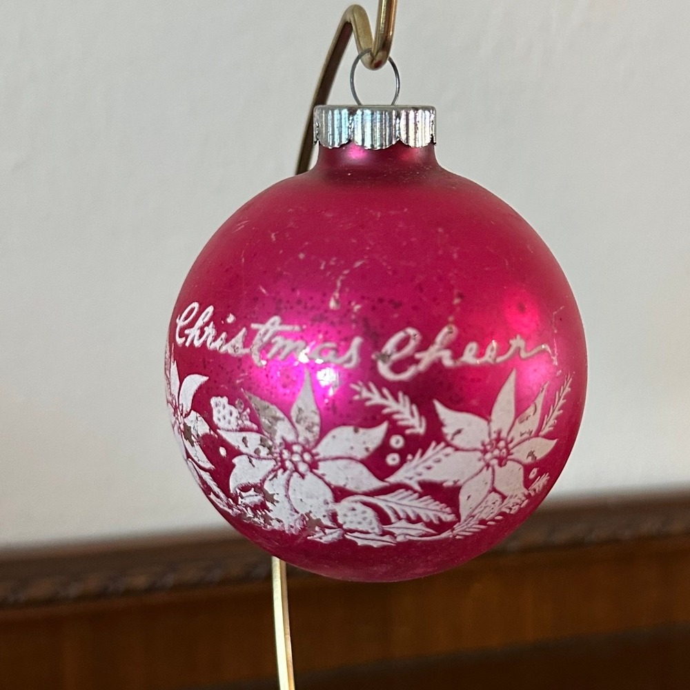 Vintage Shiny‎ Brite Pink Christmas Cheer Glass Ornament Poinsettia 3 Inch MCM